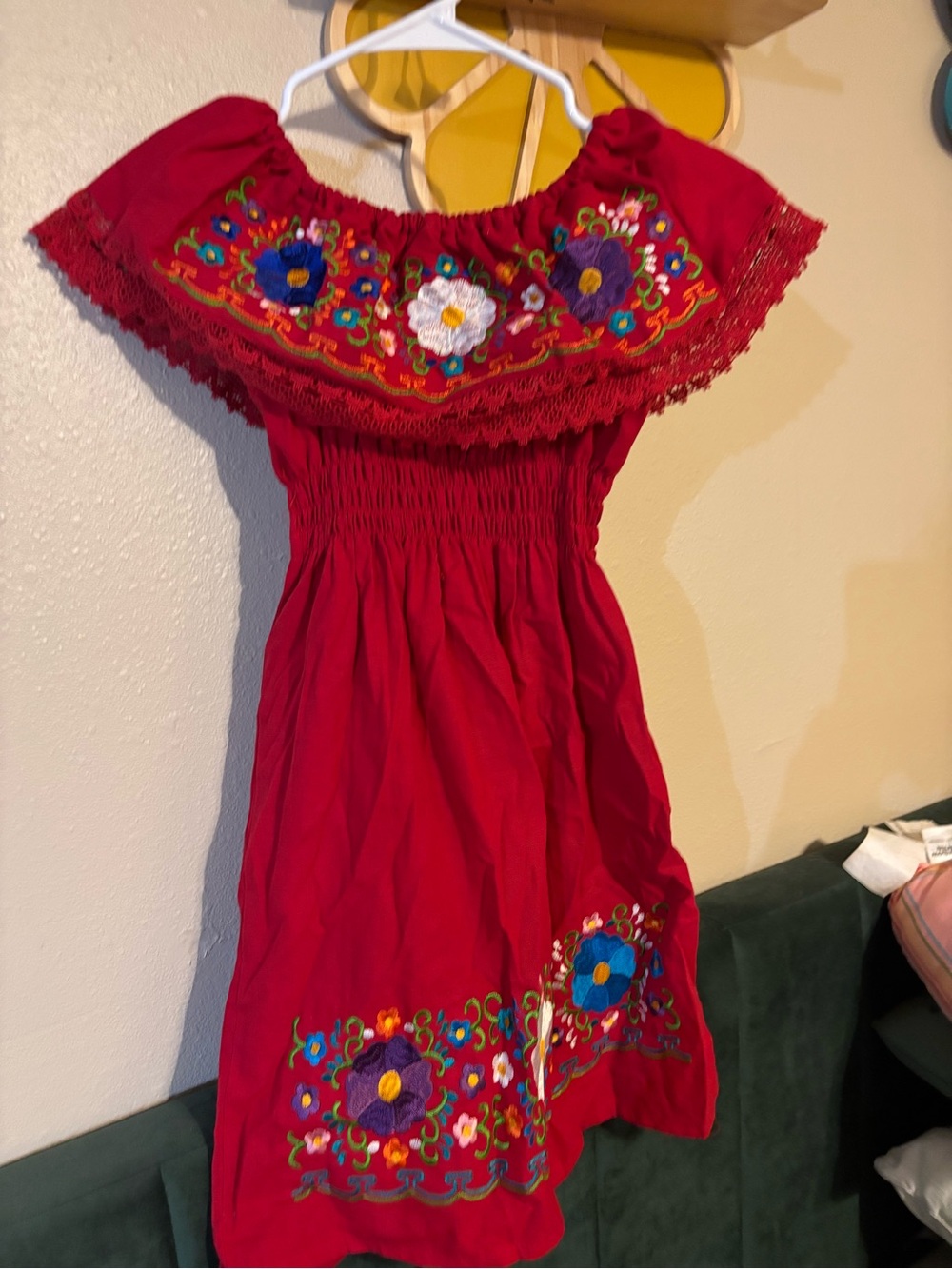 Red Off-Shoulder Embroidered Floral Dress